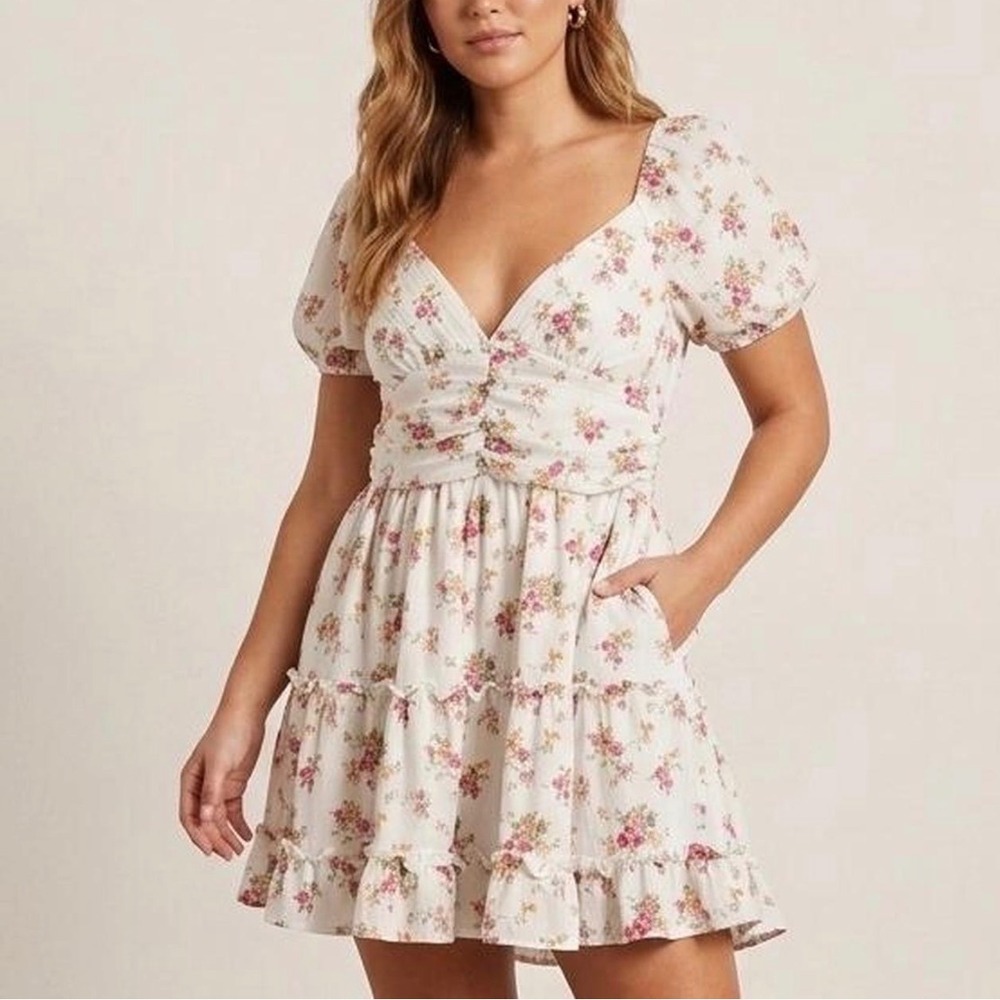 Altar'd State Floral Puff Sleeve Tiered Mini Dress Cream Pink XL Cottagecore